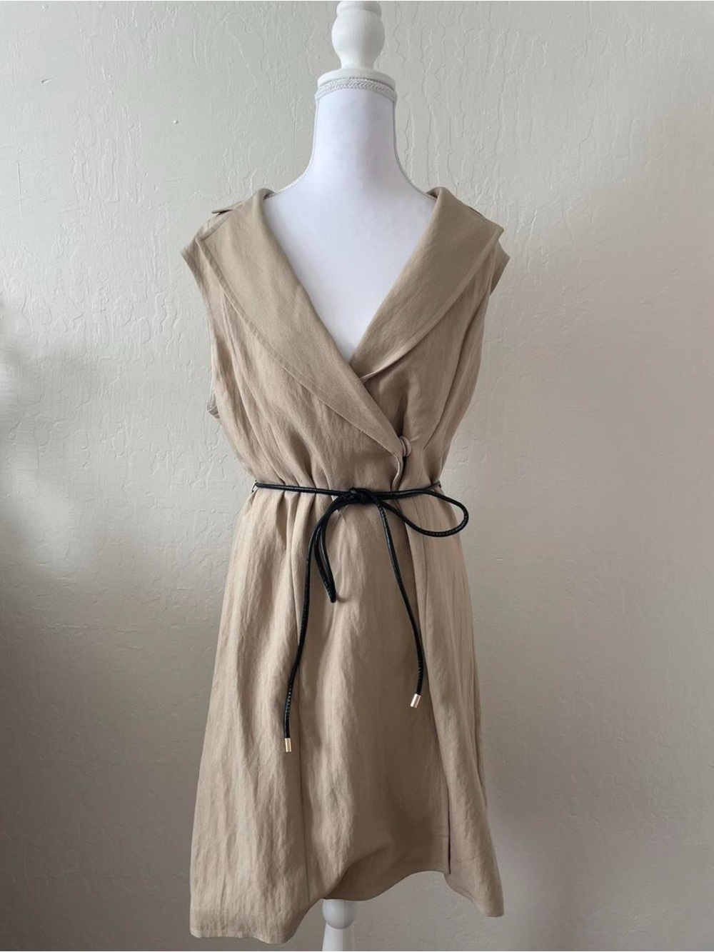 H&M Taupe Sleeveless Wrap Mini Dress with Black Belt